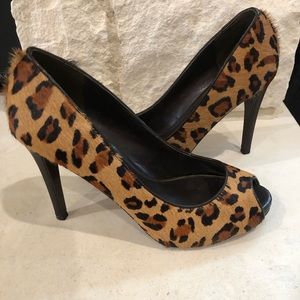 Lauren by Ralph Lauren leopard print, fur, open toe pumps, size 6 1/2